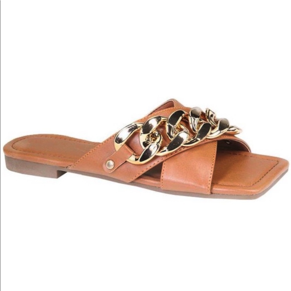 Chain Decor Tan Criss Cross Slide Sandals - Picture 3 of 5